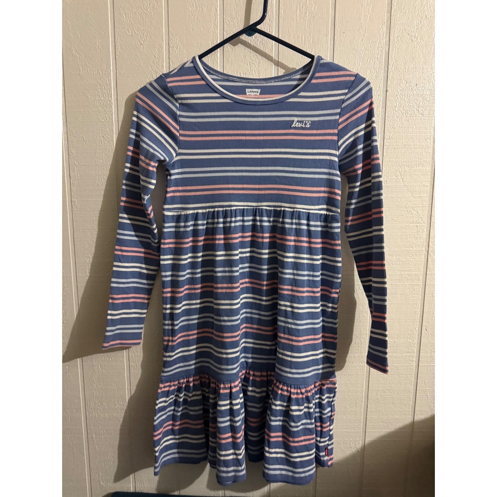 Levis Girls Blue Pink Striped Ribbed Tiered Long Sleeve Dress Size M 10/12